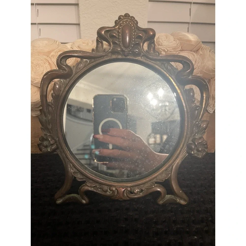 Antique Art‎ Nouveau Mirror Decorative Arts Cast Iron Gold Dresser Countertop